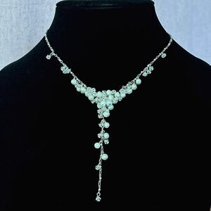 Vintage Sterling Silver, Pearl, and Glass Cluster Y Drop Necklace 16” + 4” Drop